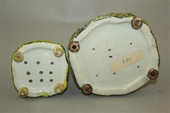 Two Staffordshire pearlware cottage pastille burners and covers, c.1820, height 8.5 - 11.5cm, largest with repairs